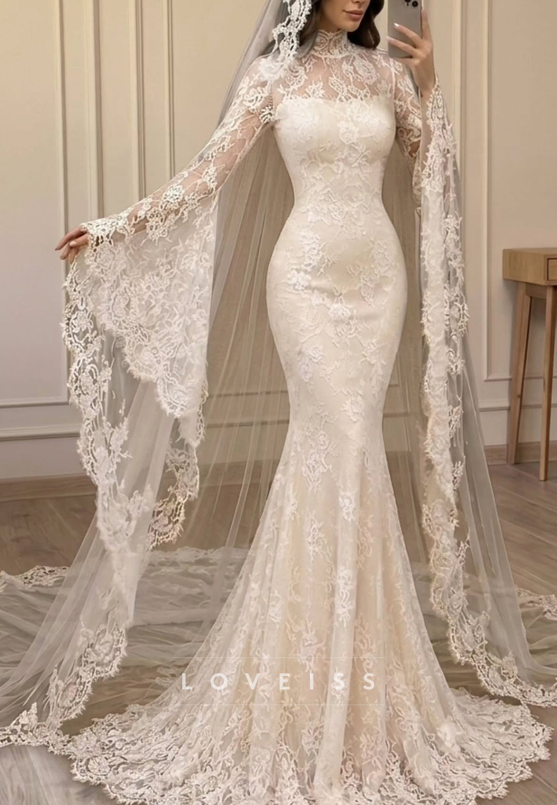 High-Neck Lace Mermaid Wedding Dress with Cape Sleeves