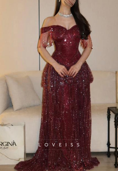 Off-the-Shoulder Sequin Fringe Basque Gown