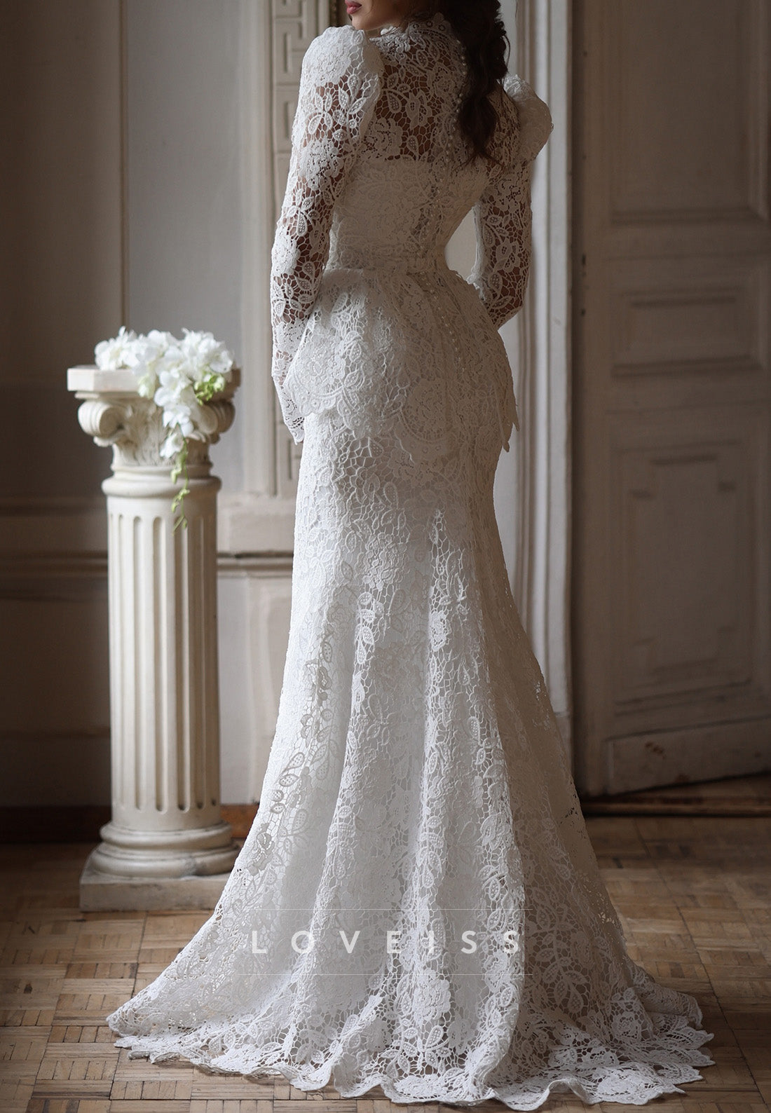 High Neck Lace Wedding Dress with Peplum