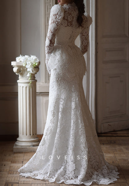 High Neck Lace Wedding Dress with Peplum