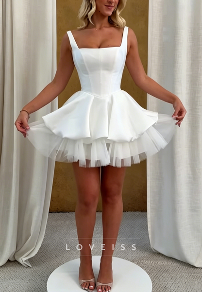Square Neck Tulle Mini Wedding Dress