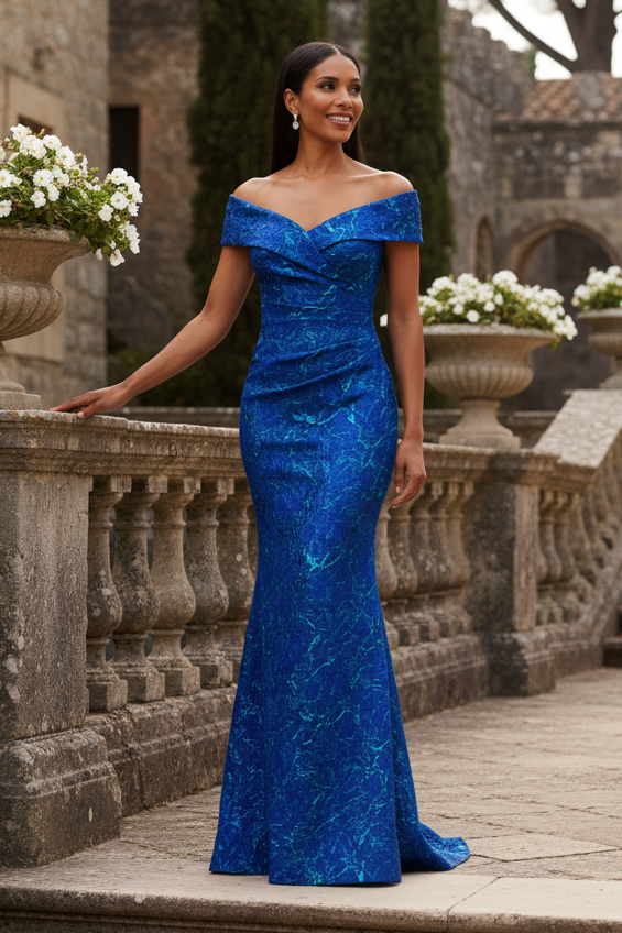 Off-Shoulder Metallic Jacquard Column Evening Gown