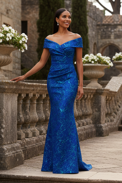 Off-Shoulder Metallic Jacquard Column Evening Gown