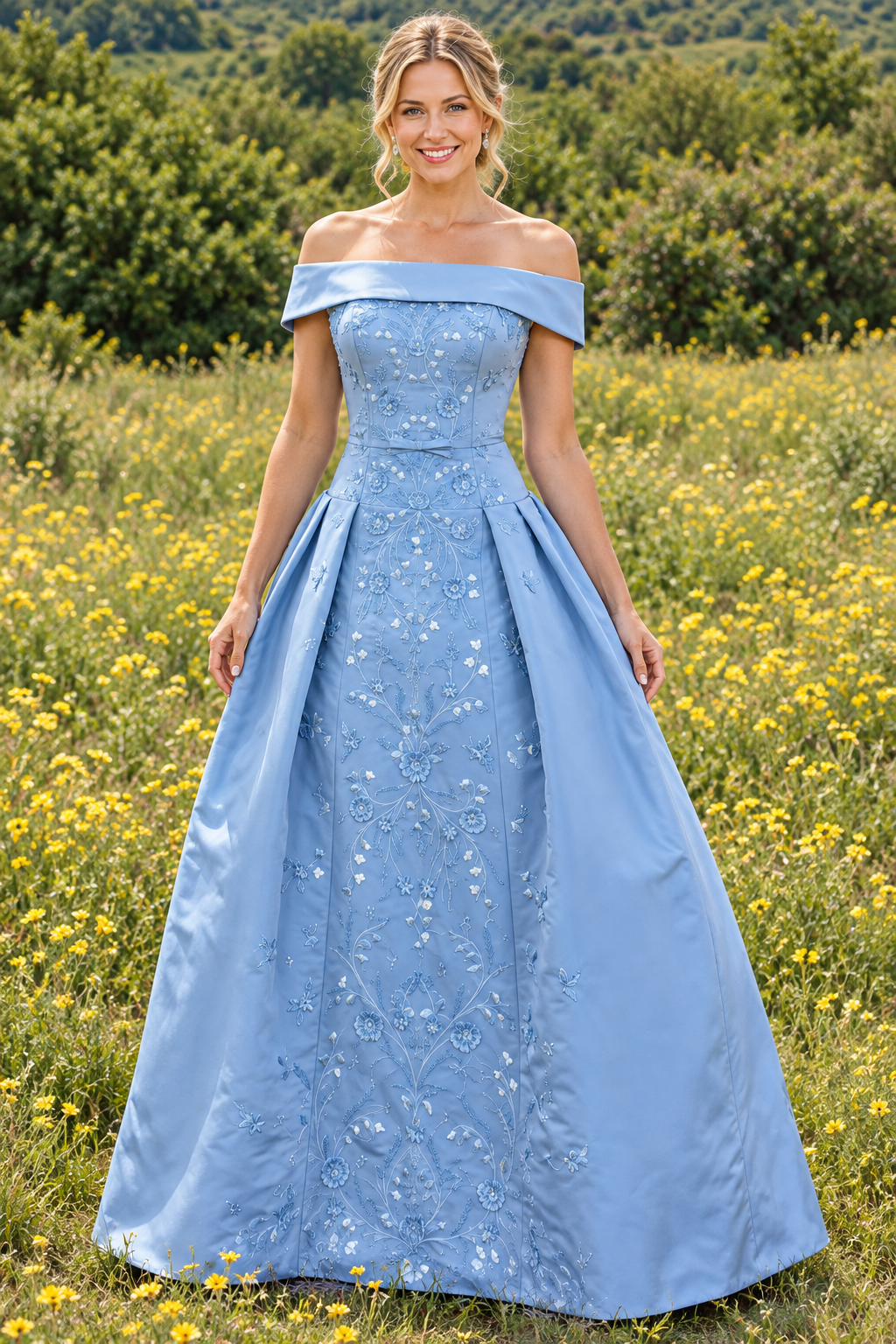 Embroidered Off-the-Shoulder Pleated Ball Gown