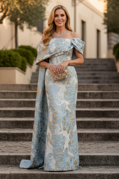 Off-the-Shoulder Brocade Gown with Attached Cape