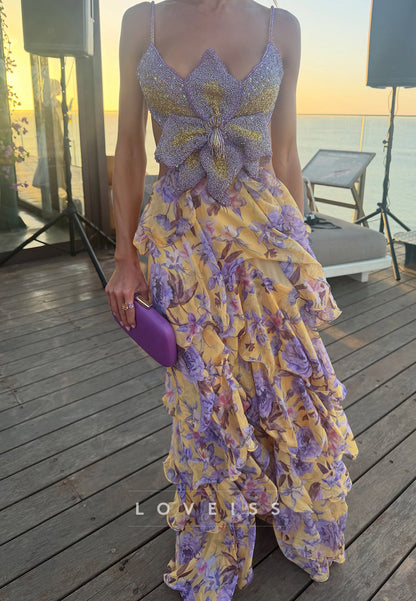 Beaded Flower Bodice Tiered Maxi Dress