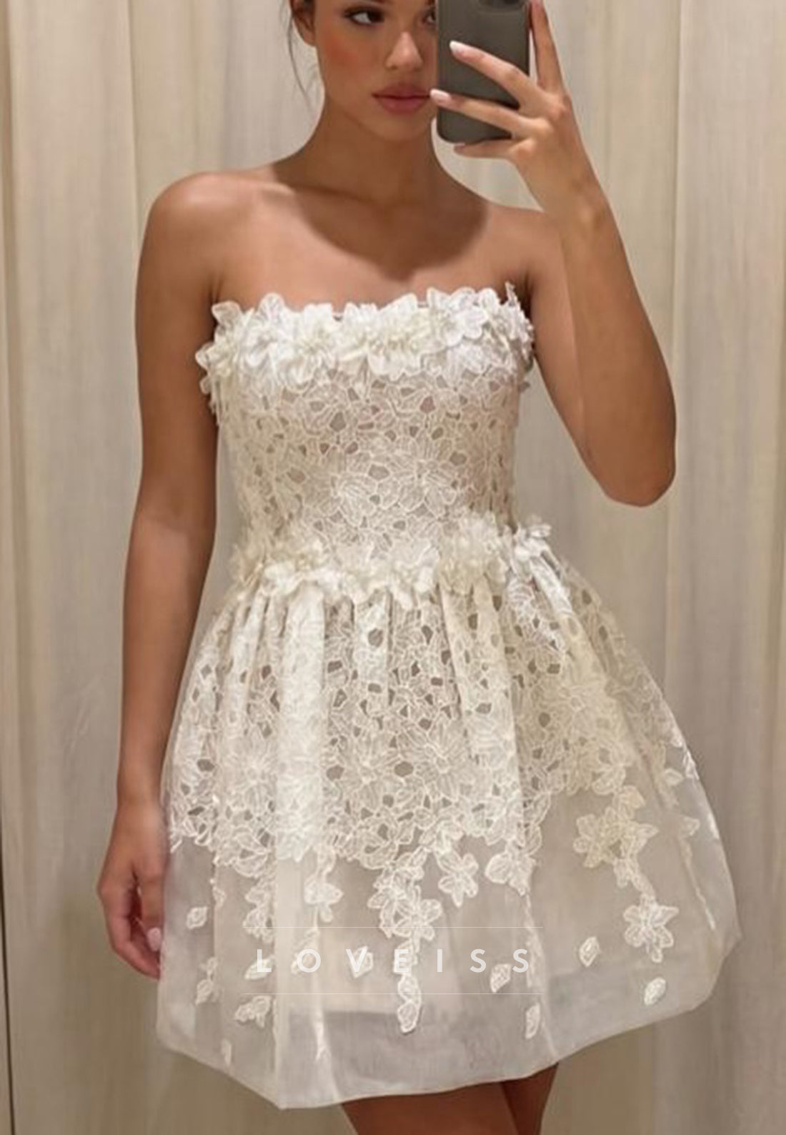 Strapless 3D Floral Lace Mini Dress