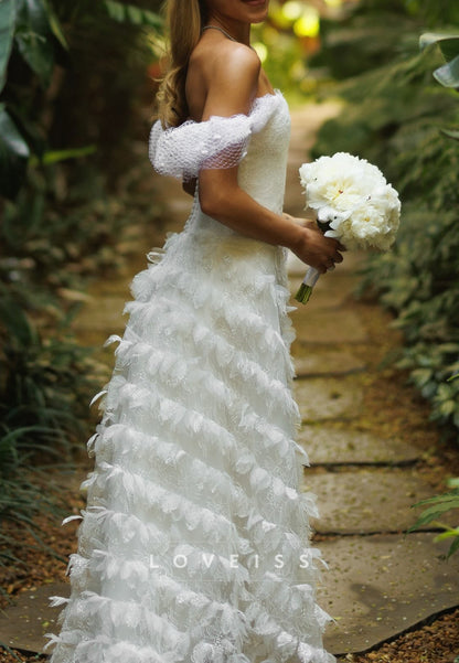 Off-the-Shoulder Tiered Feather-Lace Wedding Dress