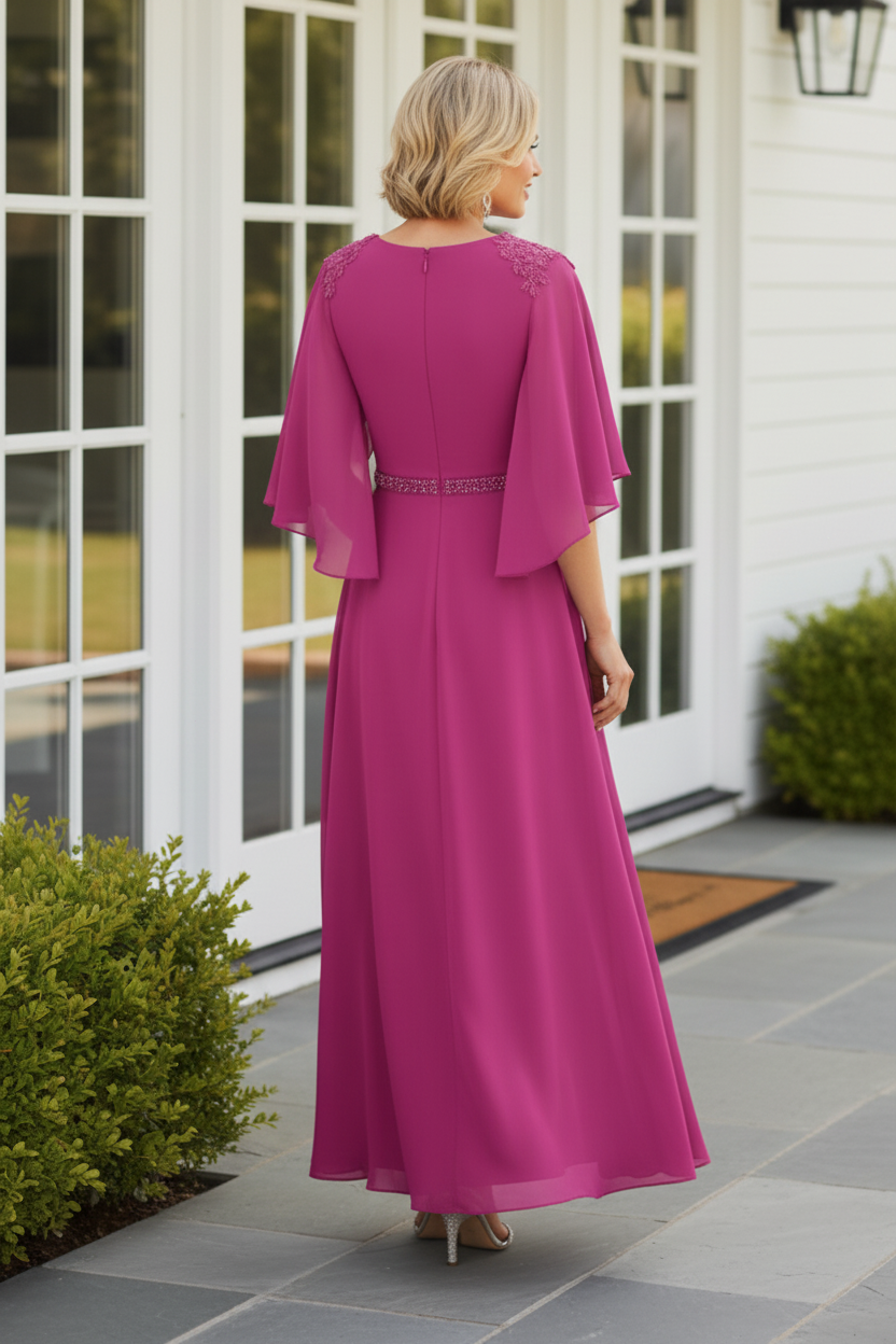 Elegant A-Line Midi Dress with Chiffon Cape