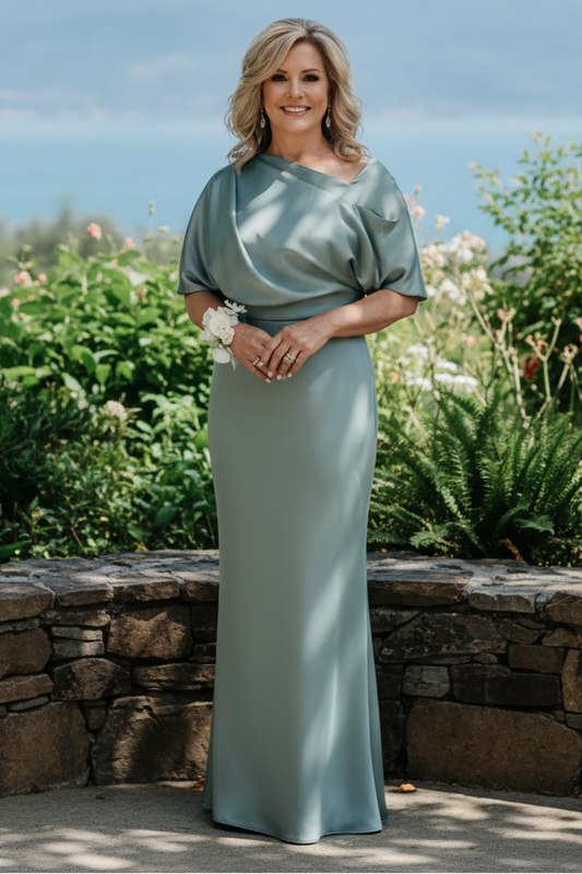 Draped Cowl Neck Floor-Length Satin Formal Gown