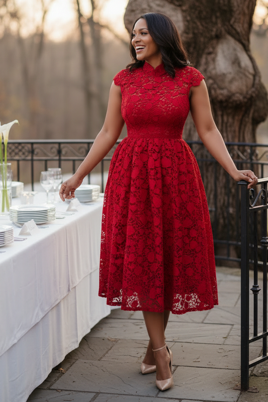 Lace High Neck Fit and Flare Midi Dress with Pockets