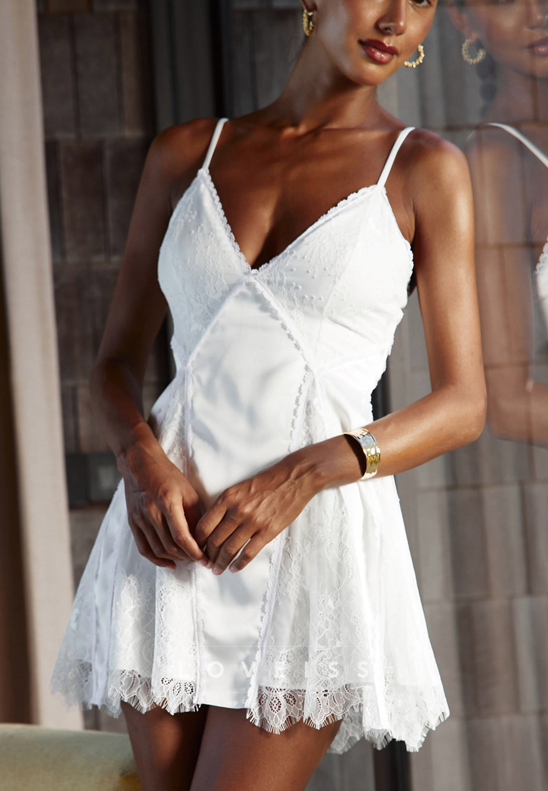 Satin & Lace V-Neck Babydoll Dress with Eyelash Hem
