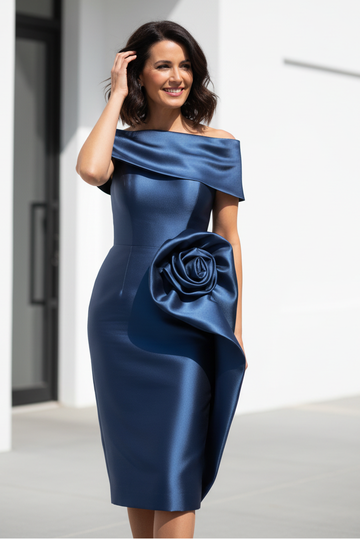 Off-the-Shoulder Satin Midi Dress with 3D Flower