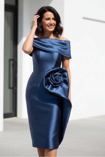 Off-the-Shoulder Satin Midi Dress with 3D Flower