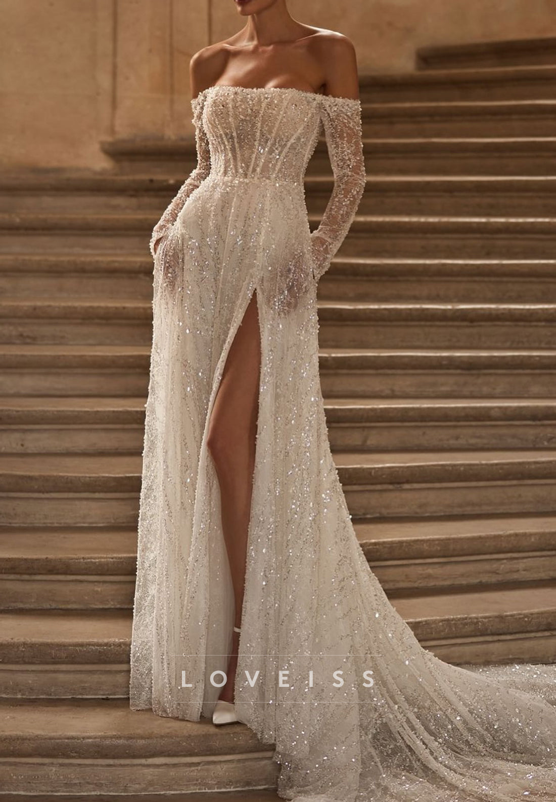 Beaded Off-the-Shoulder Corset Wedding Dress with Slit