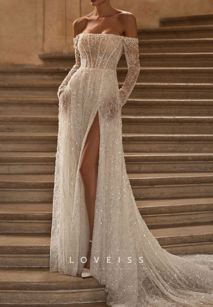 Beaded Off-the-Shoulder Corset Wedding Dress with Slit