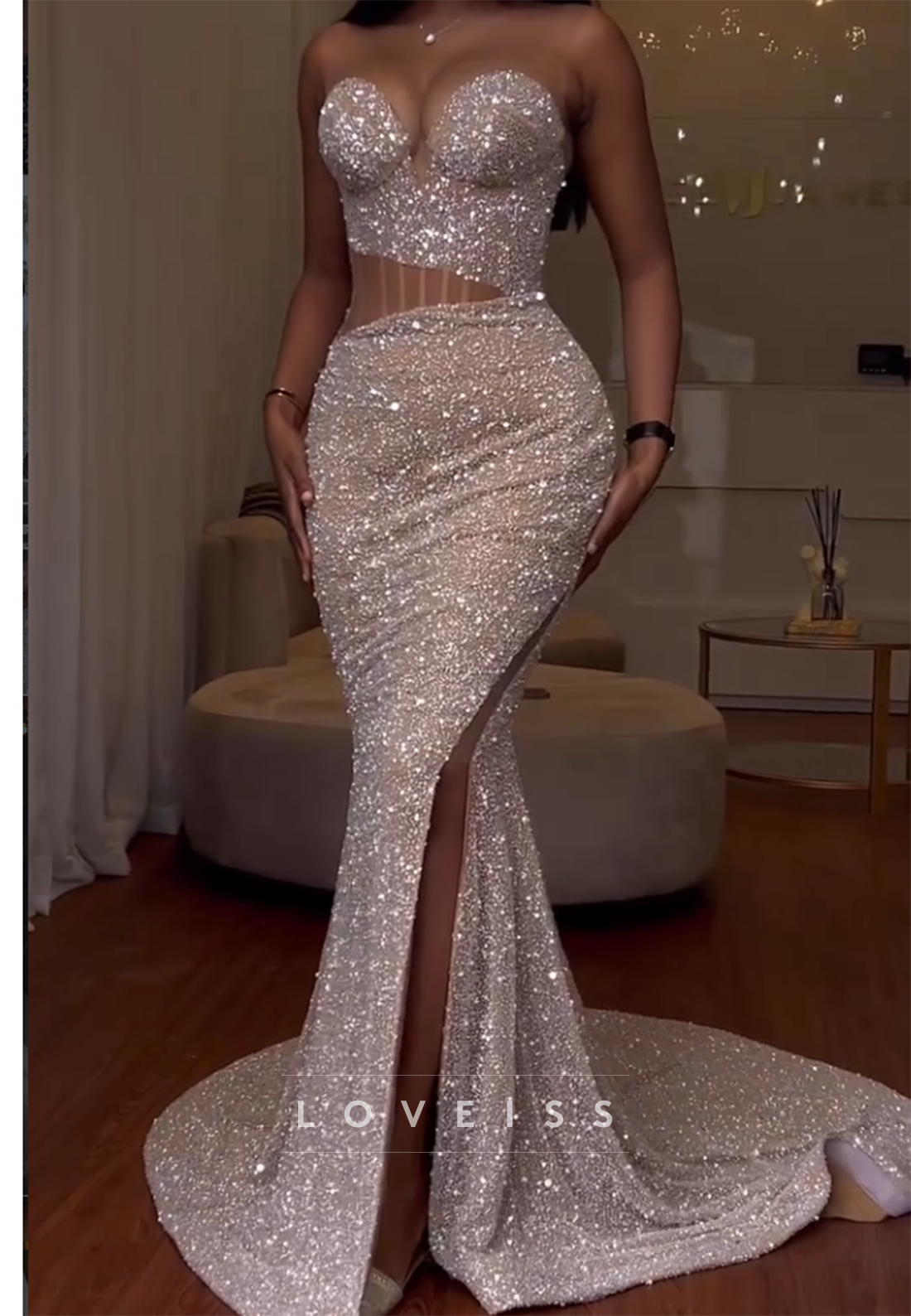 Strapless Sequin Mermaid Gown with Cutout