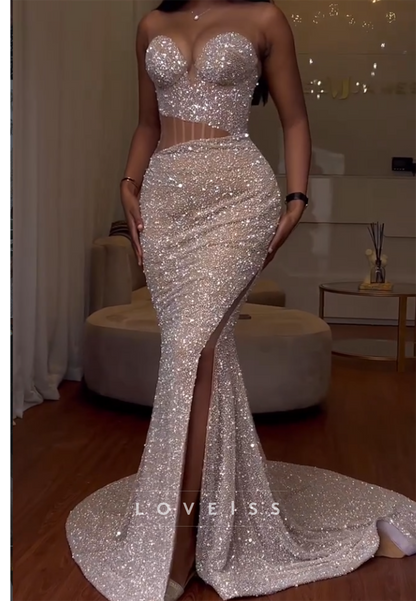 Strapless Sequin Mermaid Gown with Cutout