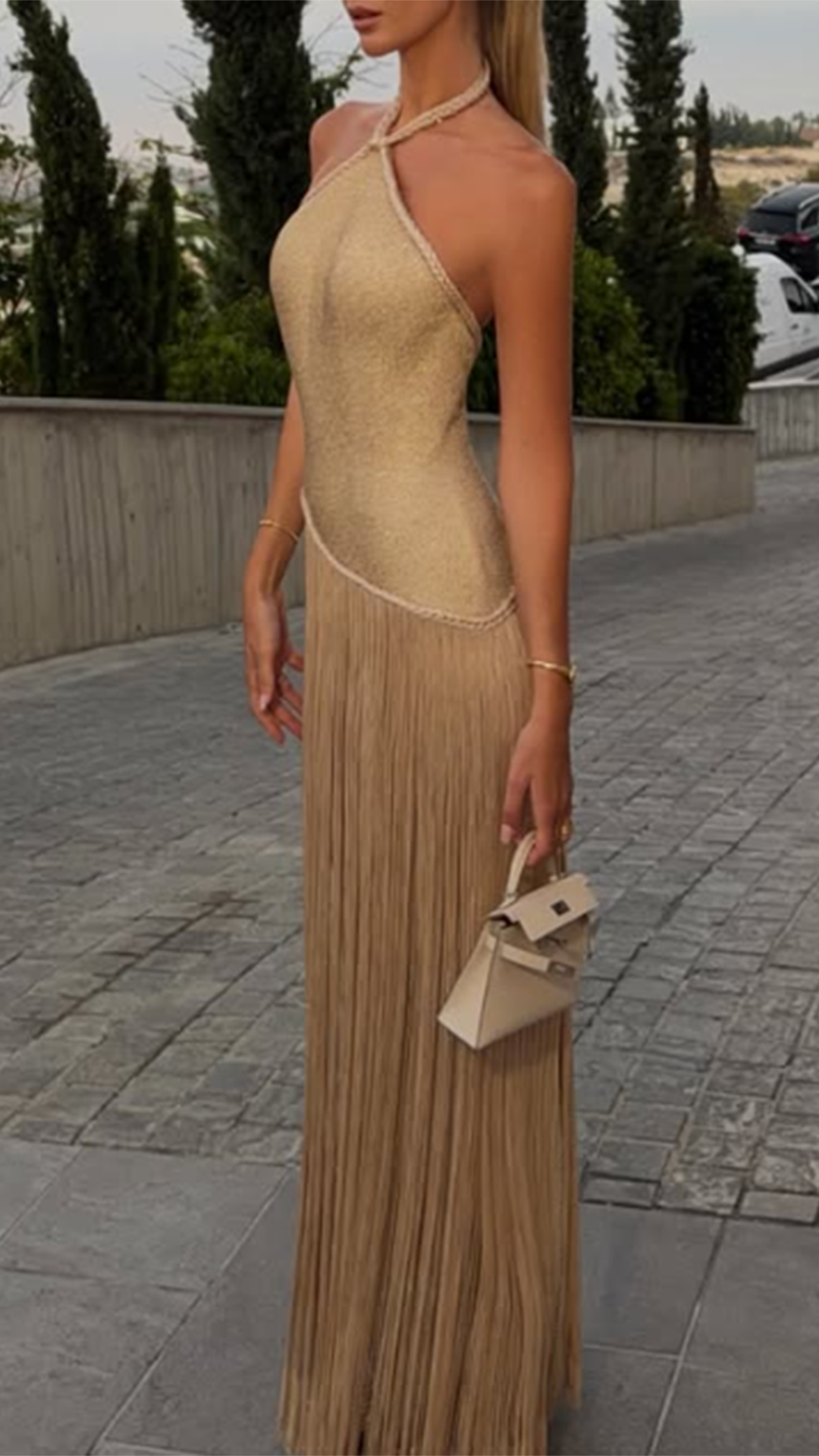 Halter Neck Maxi Dress with Asymmetrical Fringe