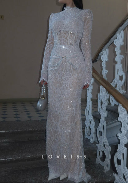 Sequin Lace High Neck Gown with Corset Bodice