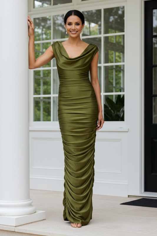 Cowl Neck Ruched Sheath Evening Gown