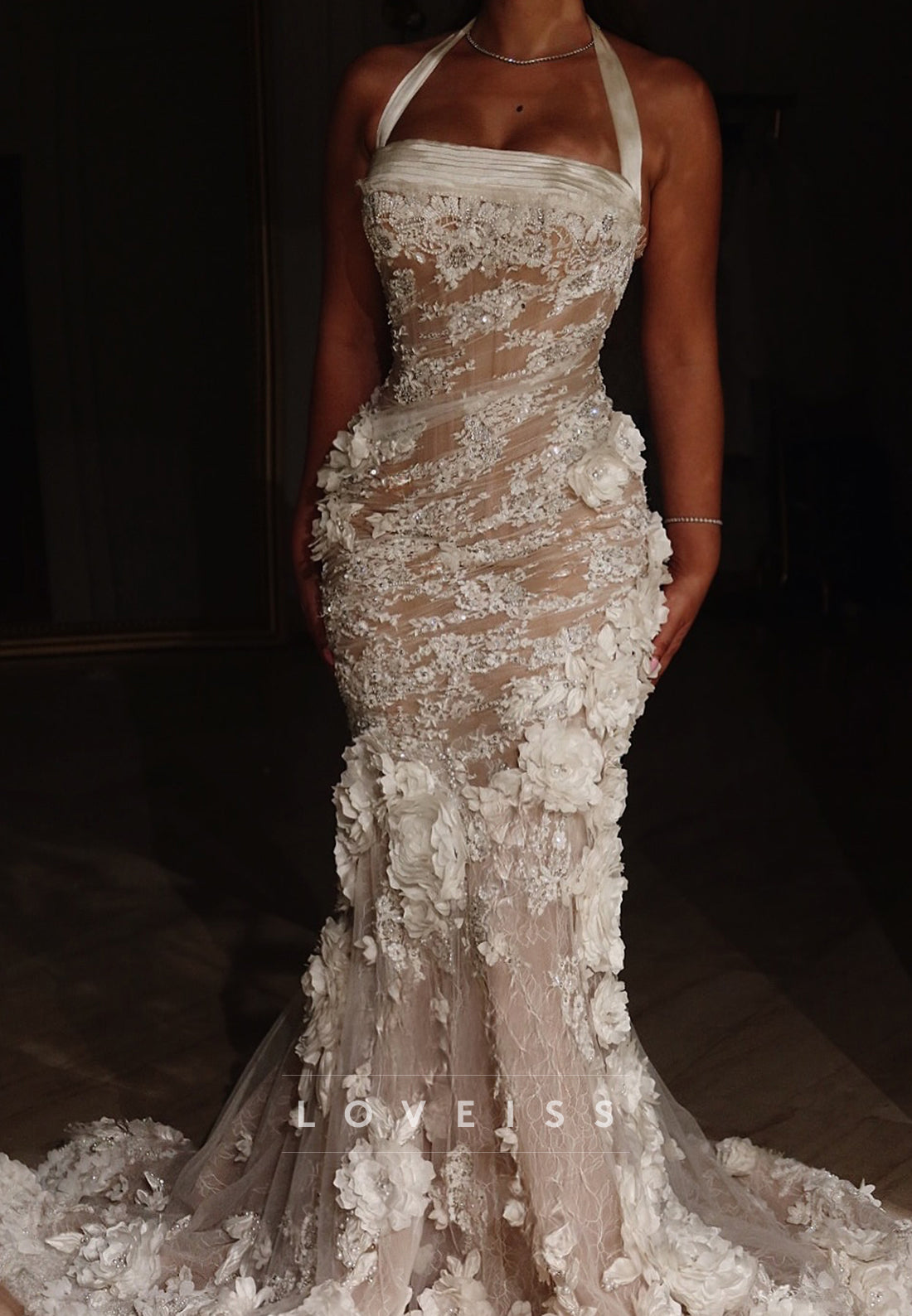 3D Floral Beaded Lace Halter Mermaid Wedding Dress