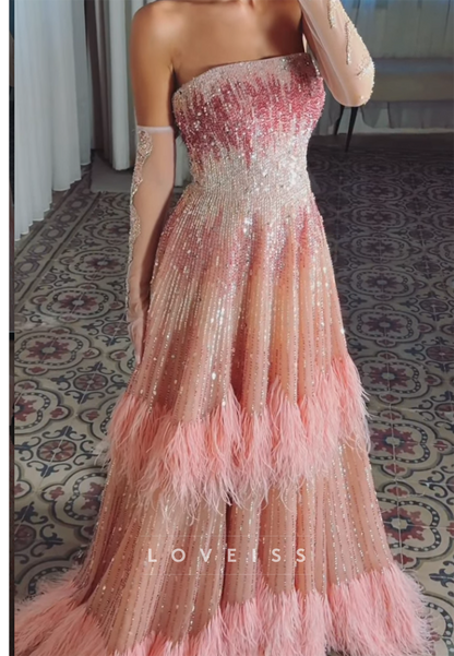 Strapless Ombre Sequin Gown with Tiered Feathers