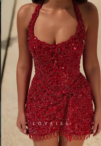 Rhinestone Beaded Halter Mini Dress with Fringe Hem