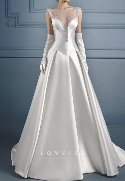 Beaded Illusion Neckline Satin Ball Gown