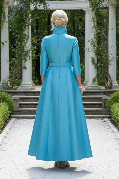 High Collar Button Front Maxi Dress with Tie Waist