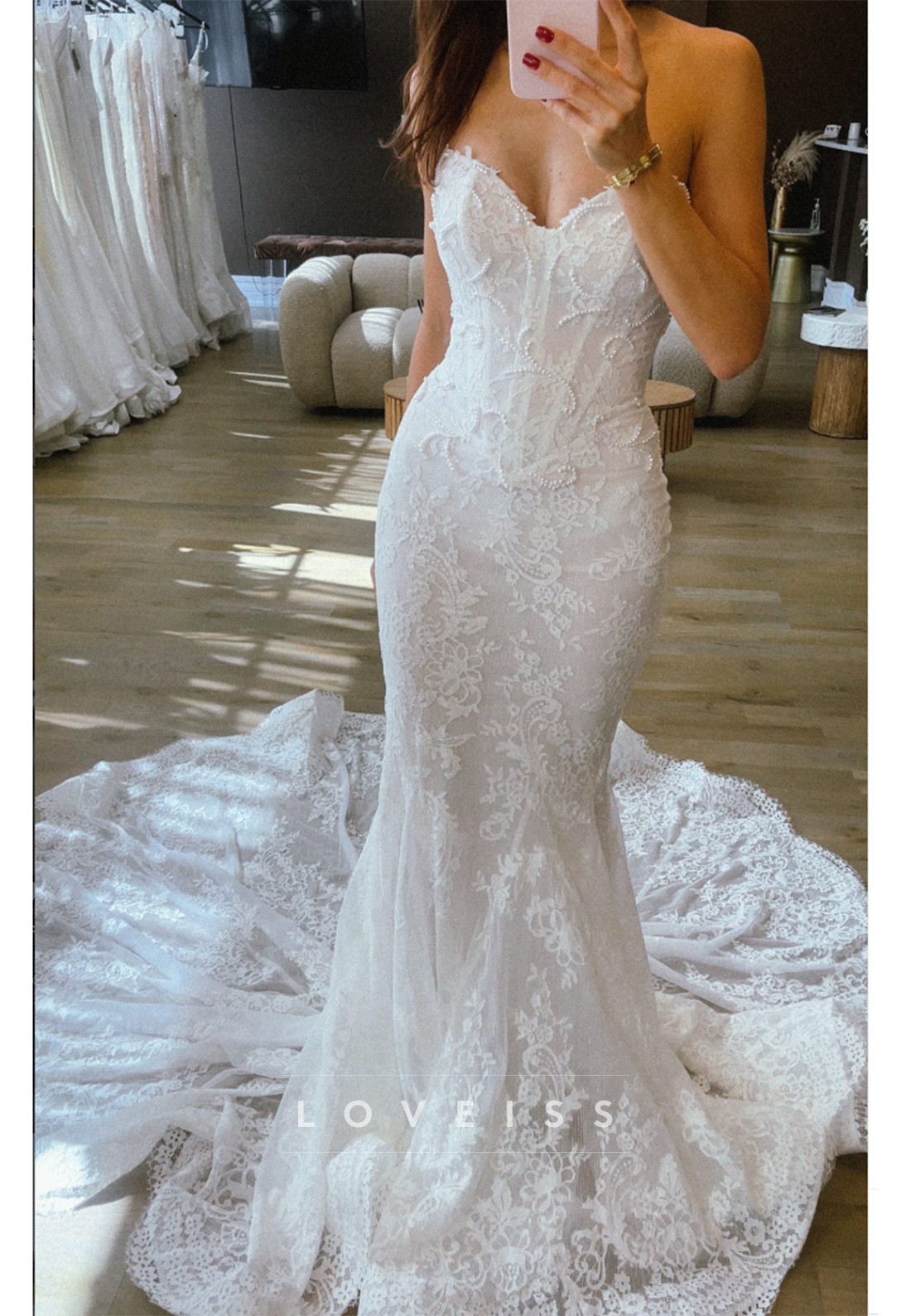 Strapless Mermaid Lace Wedding Dress with Pearl Corset