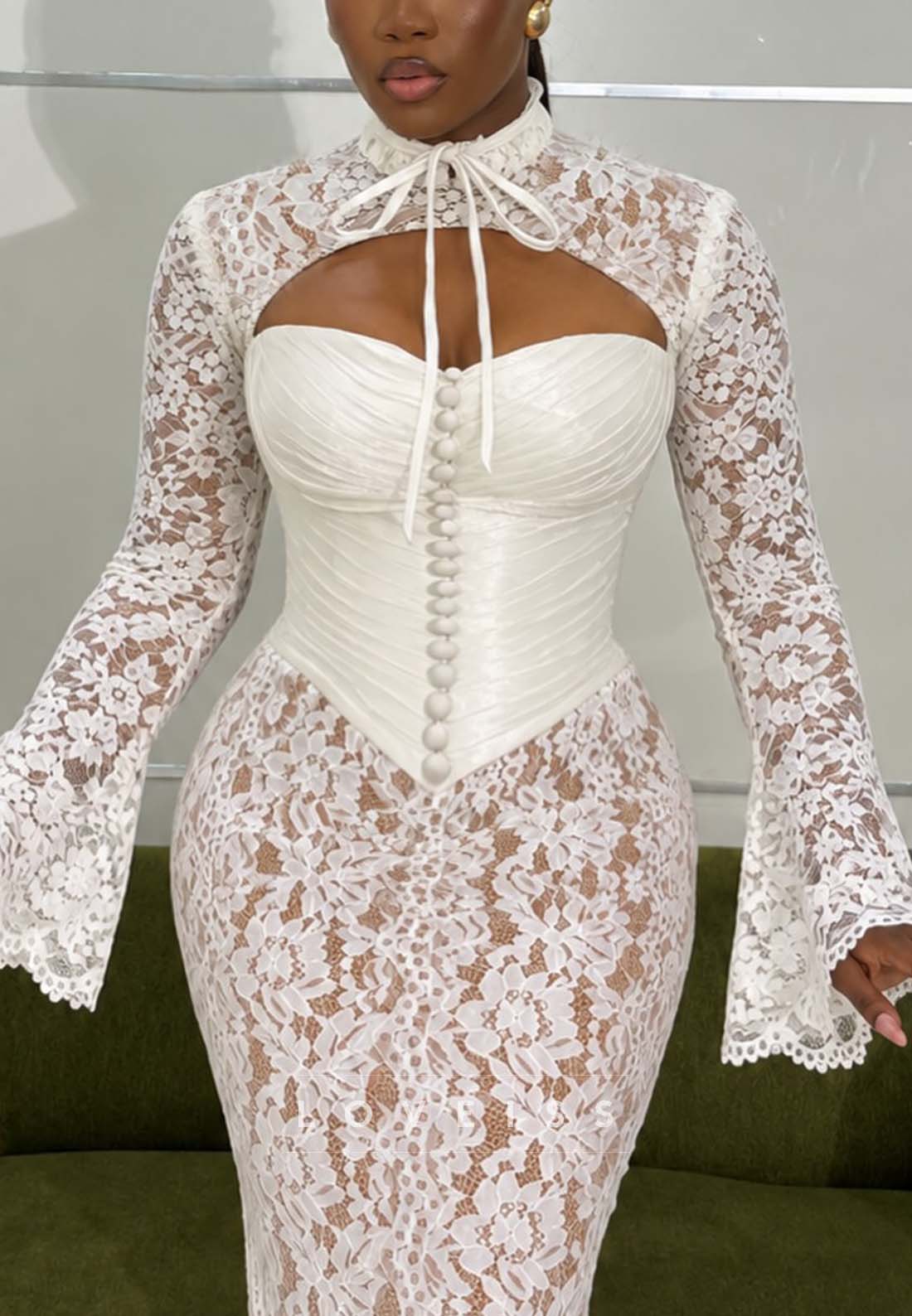 Lace Maxi Dress with Corset Bodice and Cutout