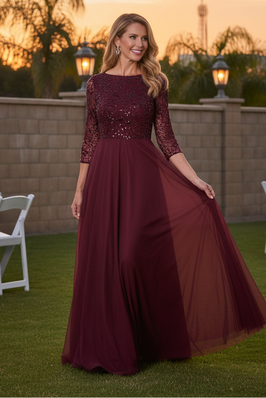 Beaded Bodice Tulle A-Line Gown with 3/4 Sleeves