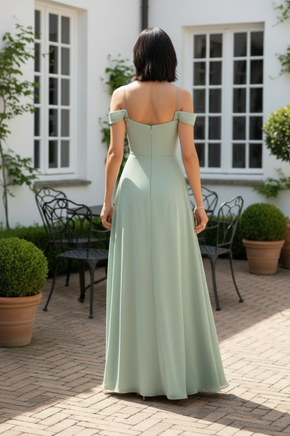 Off-the-Shoulder A-Line Chiffon Gown with Slit