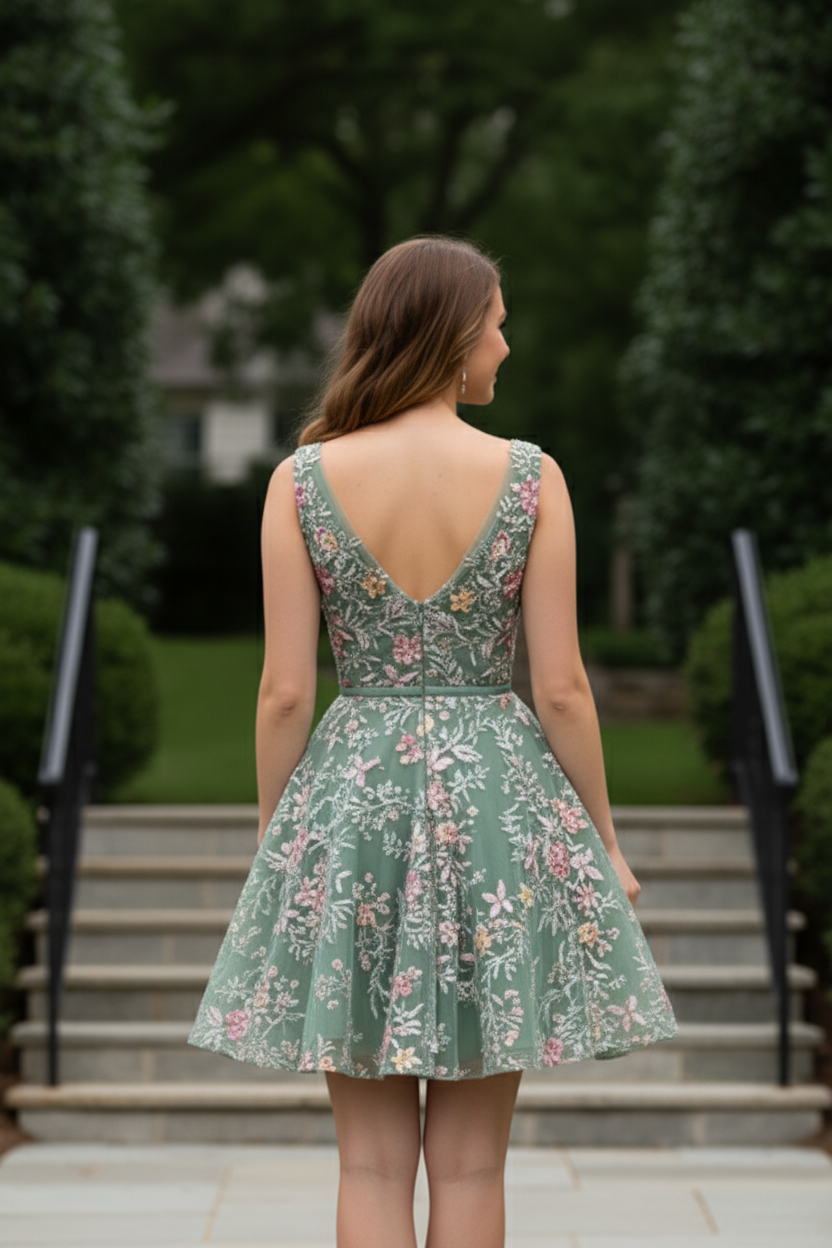 Embroidered Floral A-Line Cocktail Dress with Pockets