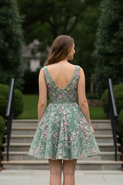 Embroidered Floral A-Line Cocktail Dress with Pockets