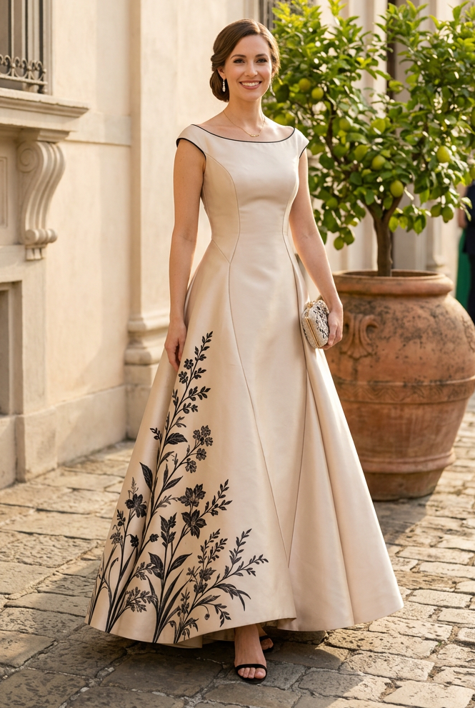 Off-the-Shoulder Floral Panel A-Line Gown