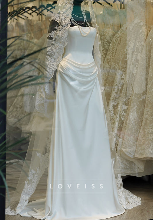 Strapless Ruched Satin Wedding Gown with Sweep Train