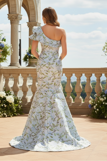 One-Shoulder Ruffle Floral Jacquard Mermaid Gown