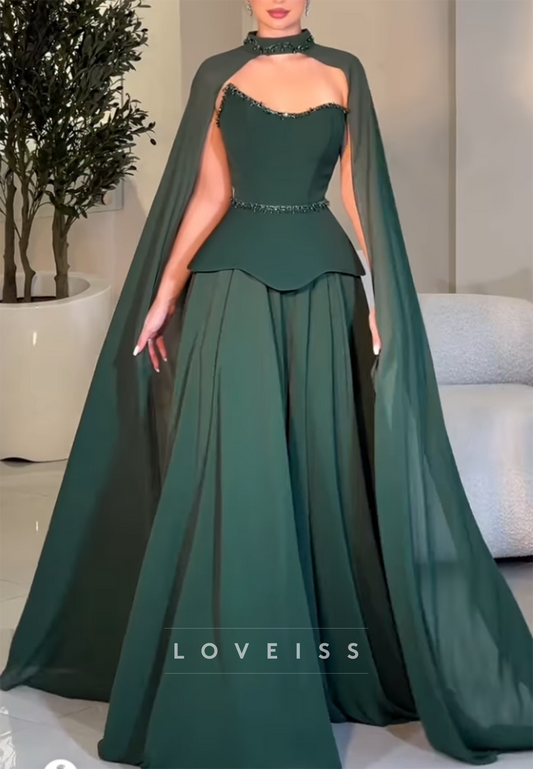 Cape Sleeve Sweetheart Peplum Evening Gown