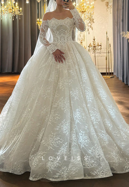 Off-the-Shoulder Long Sleeve Lace Ball Gown Wedding Dress