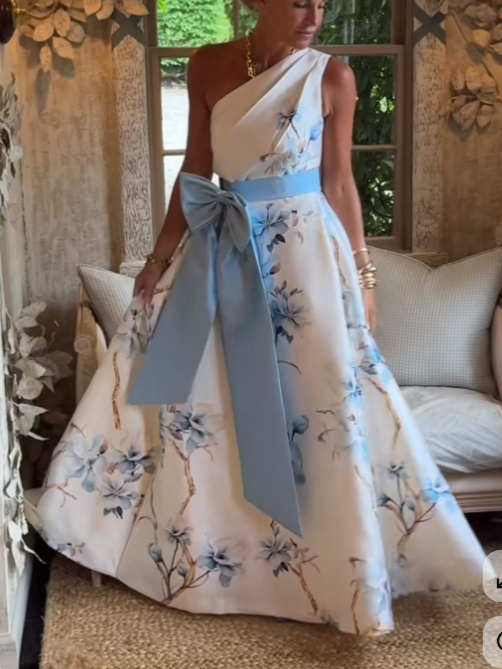 One-Shoulder Floral Print Gown with Bow Sash