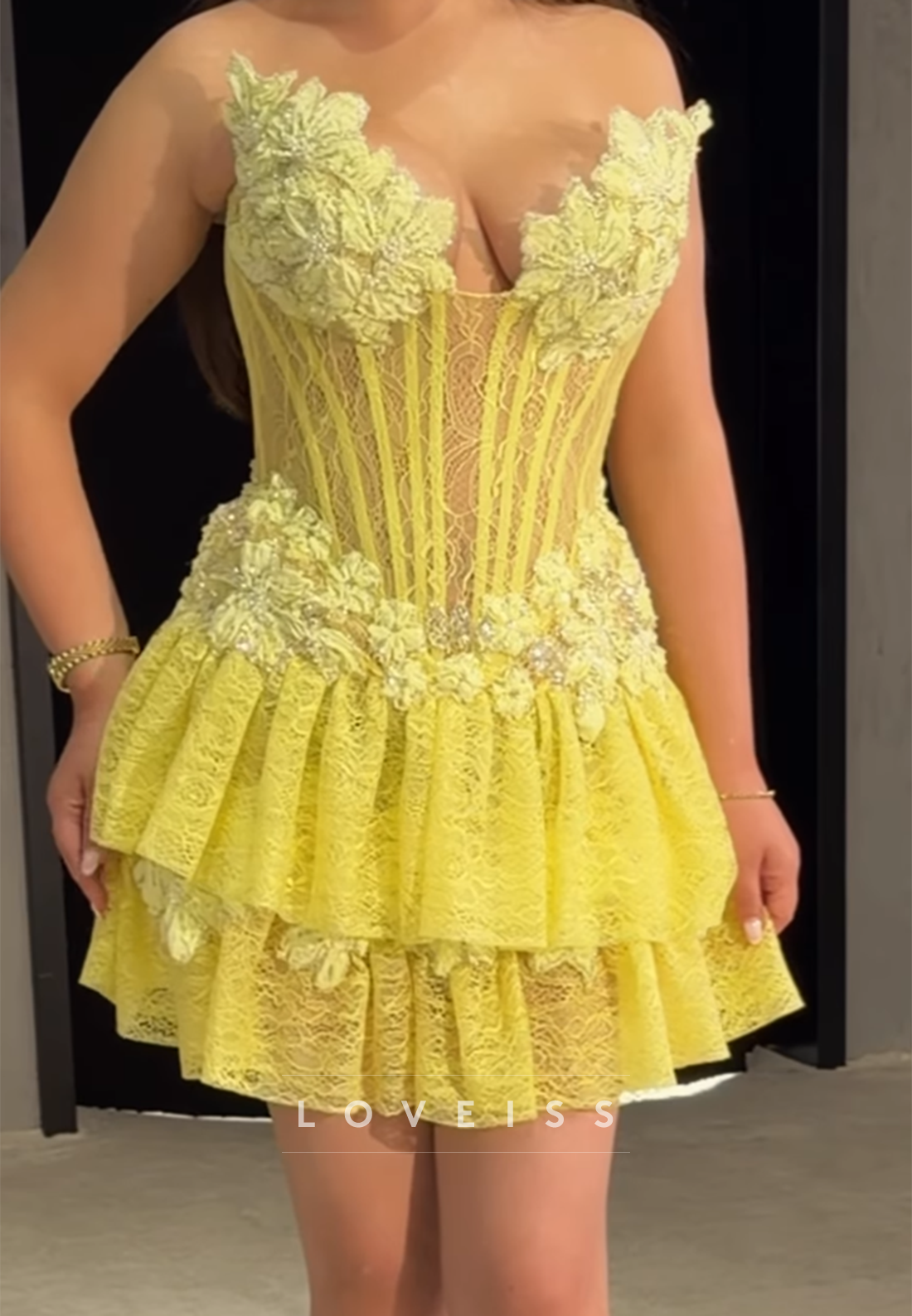 Lace Tiered Corset Mini Dress with Floral Appliques