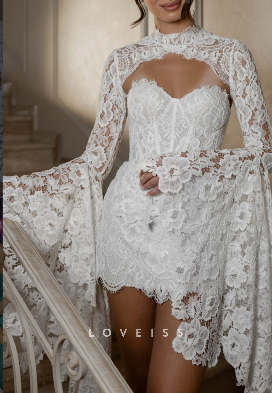 Lace Mini Dress with Bell Sleeves and Cut-Out