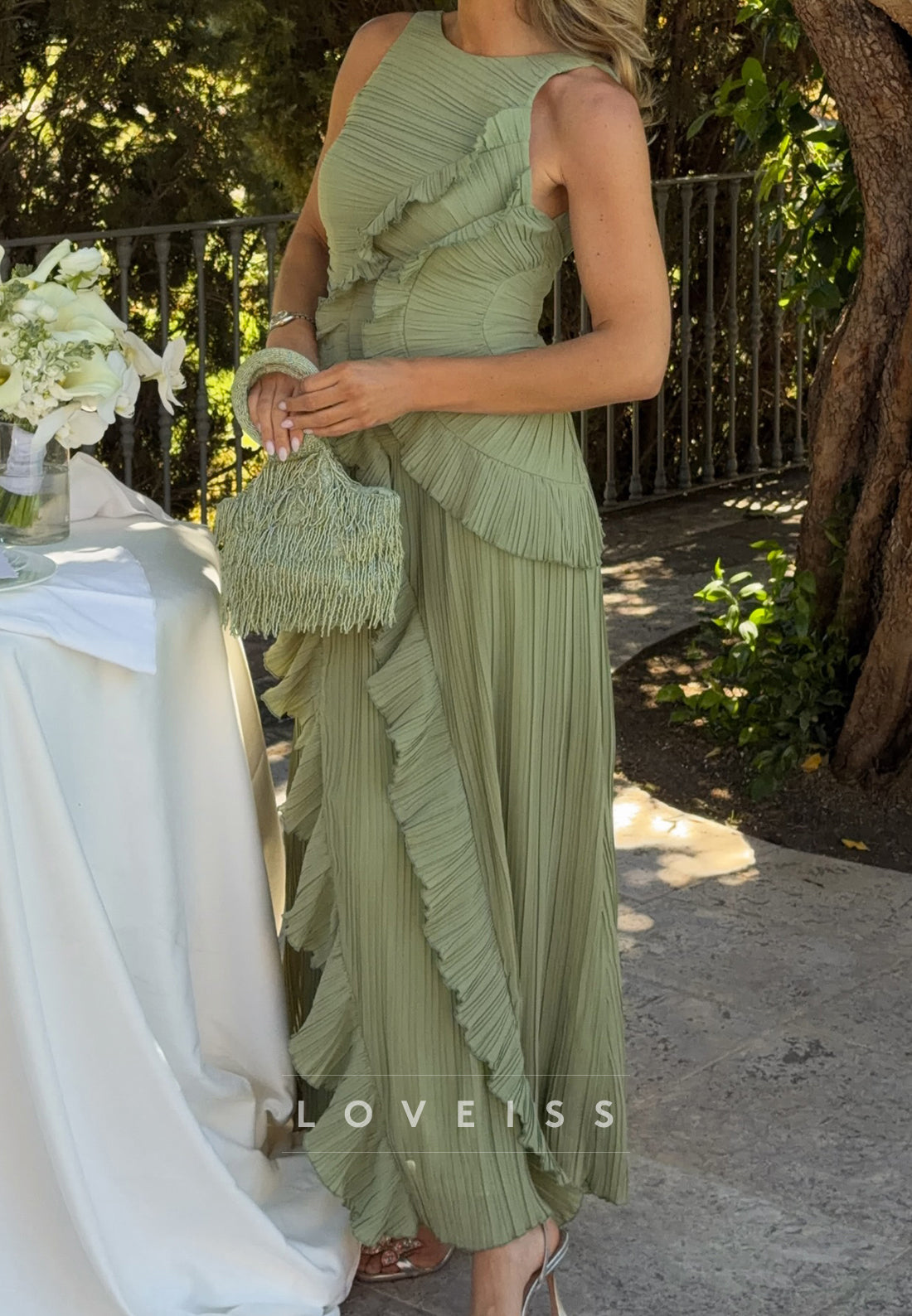 Pleated Ruffle Open Back Maxi Dress