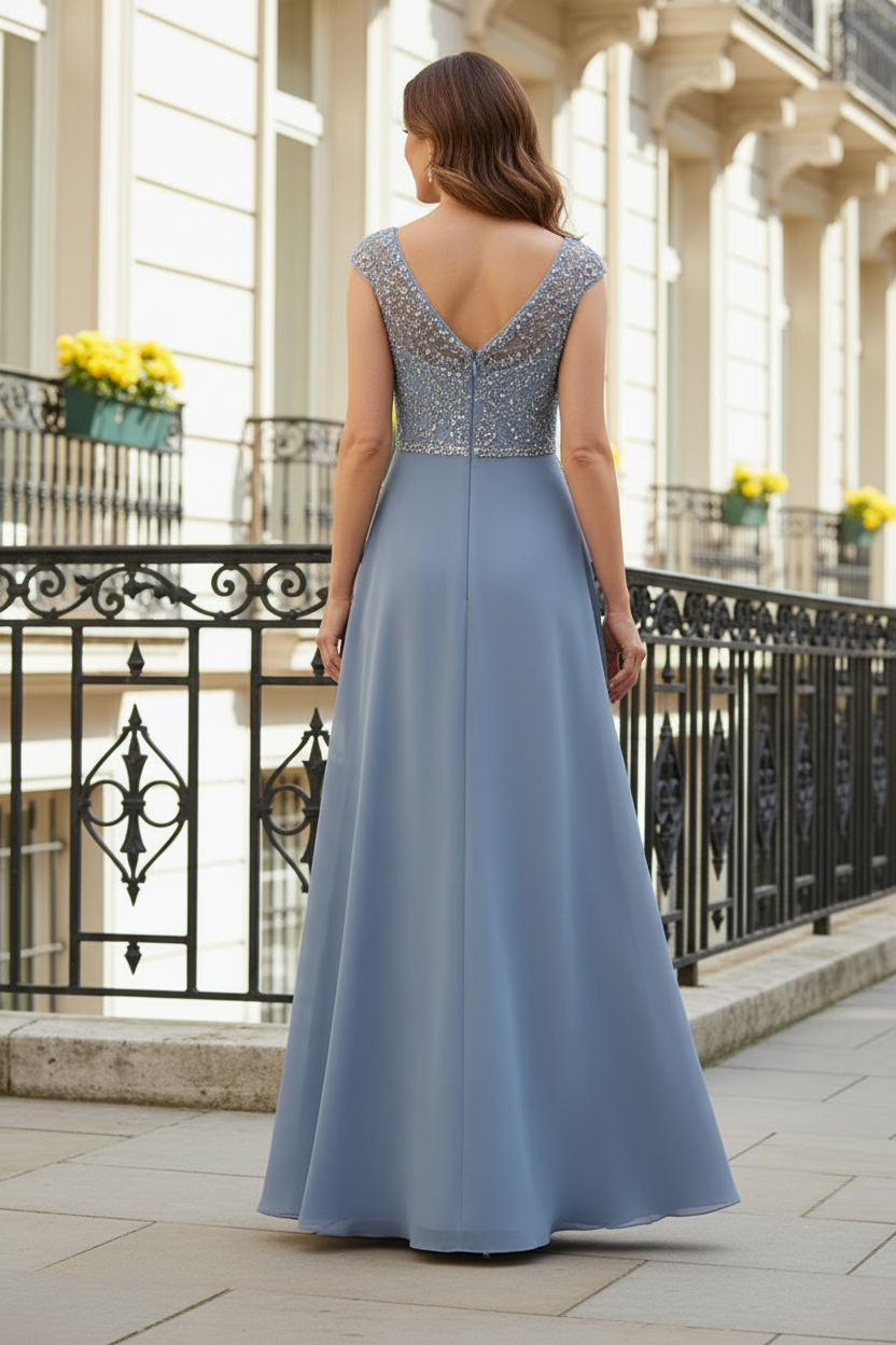 Beaded Cap Sleeve A-Line Evening Gown