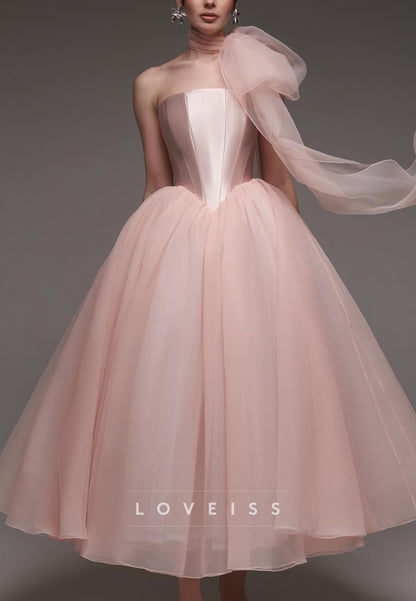 Strapless Tulle Ball Gown with Shoulder Bow