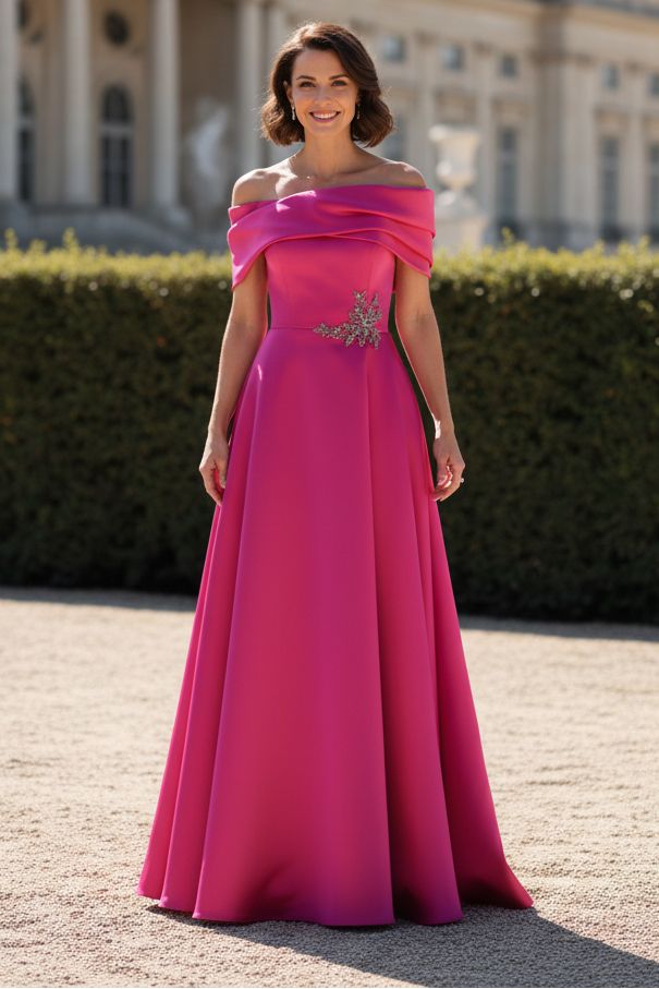 Off-the-Shoulder A-Line Evening Gown with Applique