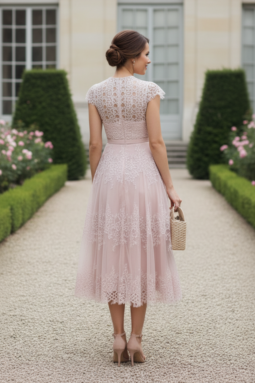Lace High Neck Cap Sleeve A-Line Midi Dress