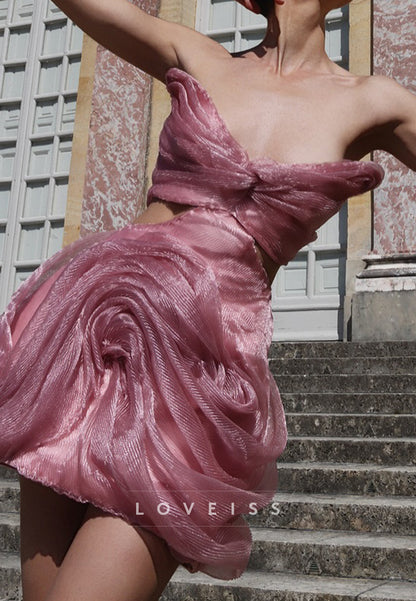 Pleated Rosette Mini Dress with Twist-Knot Waist